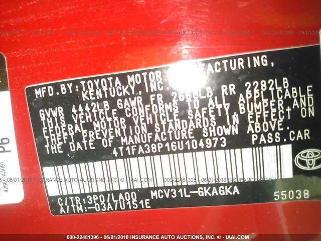 4T1FA38P16U104973 - 2006 TOYOTA CAMRY SOLARA SE/SLE წითელი ფოტო 9