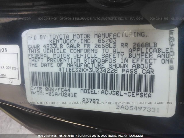 4T1BE32KX3U234228 - 2003 TOYOTA CAMRY LE/XLE/SE BLUE photo 9