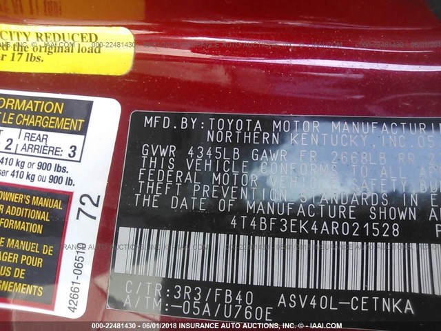 4T4BF3EK4AR021528 - 2010 TOYOTA CAMRY SE/LE/XLE 栗色 照片 9