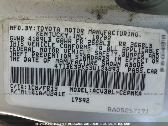 4T1BE32K53U134893 - 2003 TOYOTA CAMRY LE/XLE/SE ვერცხლისფერი ფოტო 9