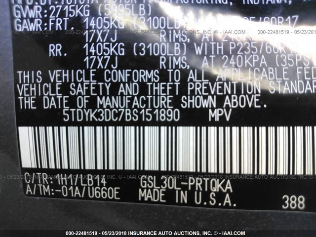 5TDYK3DC7BS151890 - 2011 TOYOTA SIENNA XLE/LIMITED GRAY photo 9