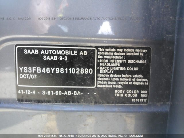 YS3FB46Y981102890 - 2008 SAAB 9-3 2.0T GRAY photo 9