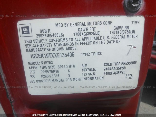 1GCEK19TXXE135406 - 1999 CHEVROLET SILVERADO K1500 RED photo 9