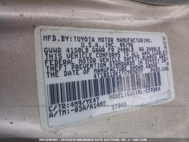 4T1BG12K1TU783637 - 1996 TOYOTA CAMRY DX/LE/XLE ოქროსფერი ფოტო 9