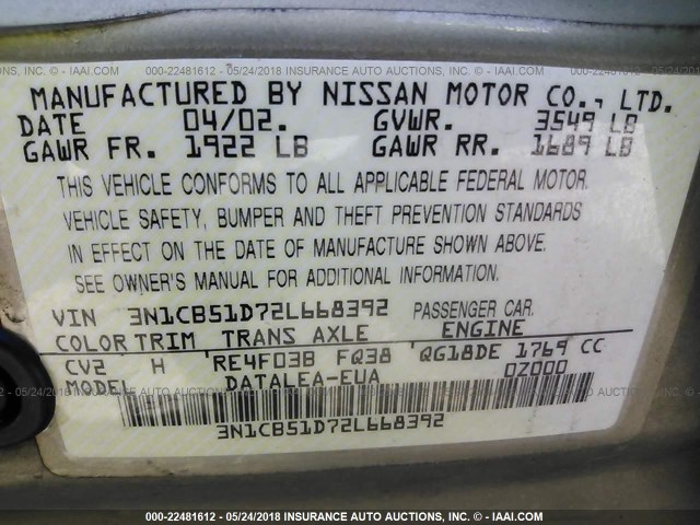 3N1CB51D72L668392 - 2002 NISSAN SENTRA XE/GXE GOLD photo 9