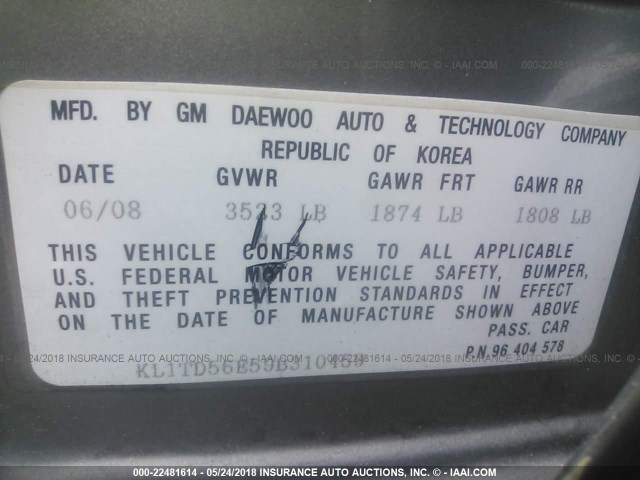 KL1TD56E59B310459 - 2009 CHEVROLET AVEO LS/LT 灰色 照片 9