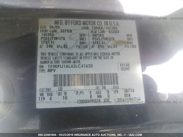 1FMPU16L43LC41620 - 2003 FORD EXPEDITION XLT BLUE photo 9