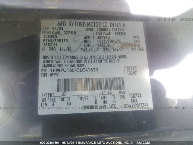 1FMPU16L43LC41620 - 2003 FORD EXPEDITION XLT ლურჯი ფოტო 9