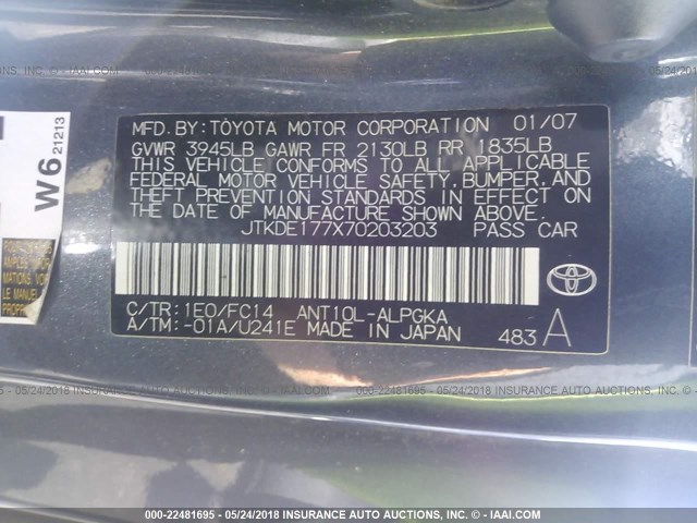 JTKDE177X70203203 - 2007 TOYOTA SCION TC GRAY photo 9