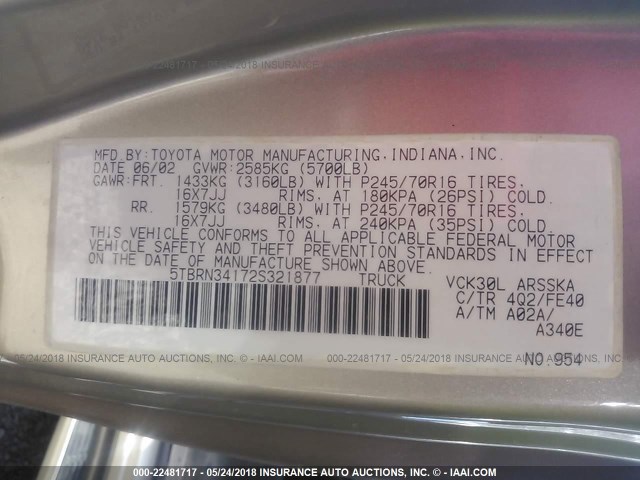 5TBRN34172S321877 - 2002 TOYOTA TUNDRA ACCESS CAB SR5 GOLD photo 9