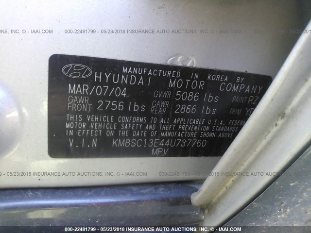 KM8SC13E44U737760 - 2004 HYUNDAI SANTA FE GLS/LX SILVER photo 9