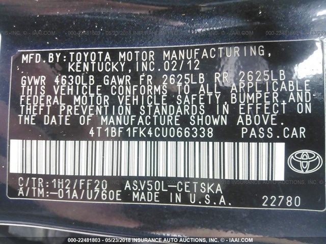 4T1BF1FK4CU066338 - 2012 TOYOTA CAMRY SE/LE/XLE BLACK photo 9