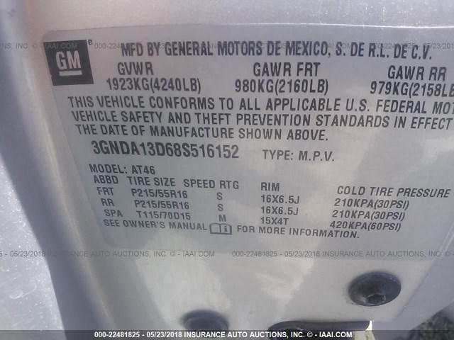 3GNDA13D68S516152 - 2008 CHEVROLET HHR LS SILVER photo 9