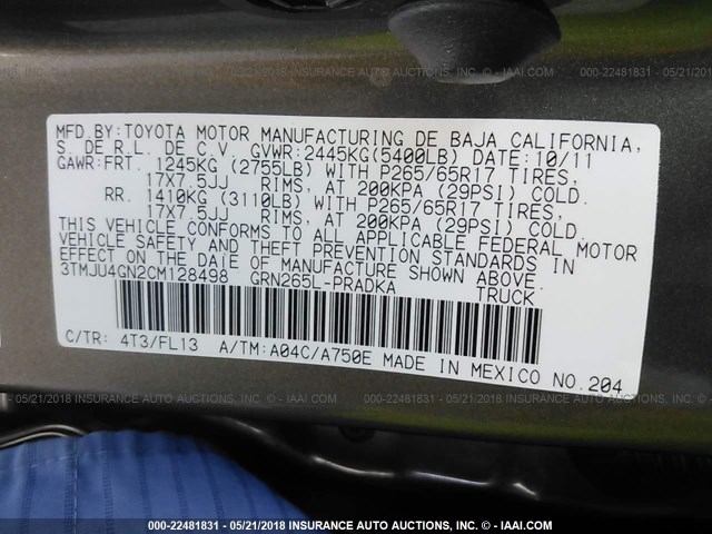 3TMJU4GN2CM128498 - 2012 TOYOTA TACOMA DOUBLE CAB PRERUNNER GOLD photo 9