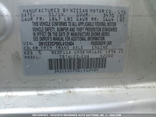 3N1CE2CP0EL412404 - 2014 NISSAN VERSA NOTE S/S PLUS/SV/SL SILVER photo 9