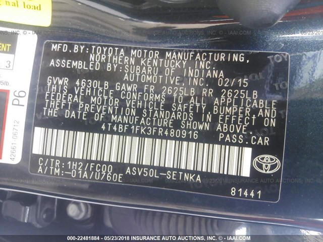 4T4BF1FK3FR480916 - 2015 TOYOTA CAMRY LE/XLE/SE/XSE BLACK photo 9