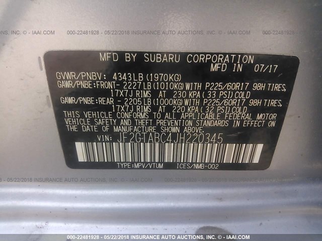 JF2GTABC4JH220345 - 2018 SUBARU CROSSTREK PREMIUM SILVER photo 9