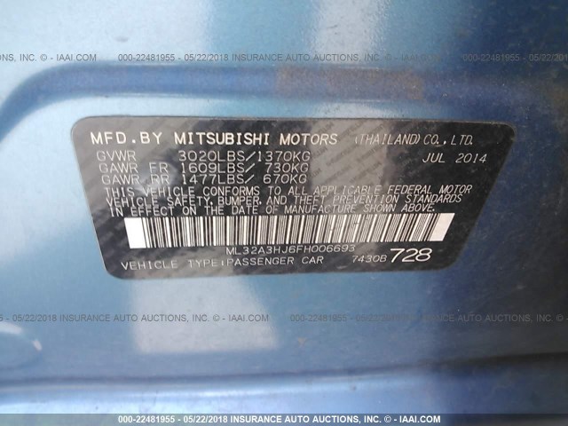 ML32A3HJ6FH006693 - 2015 MITSUBISHI MIRAGE DE BLUE photo 9