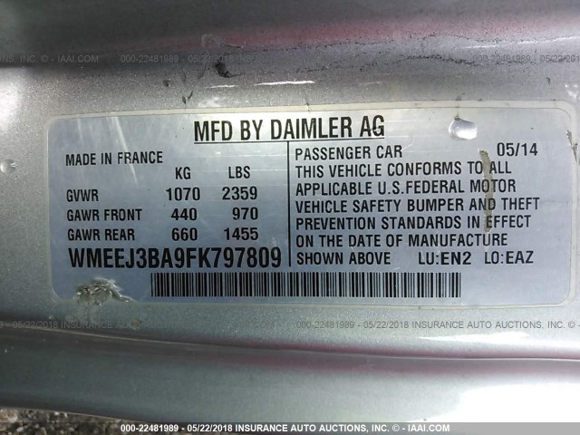 WMEEJ3BA9FK797809 - 2015 SMART FORTWO PURE/PASSION WHITE photo 9