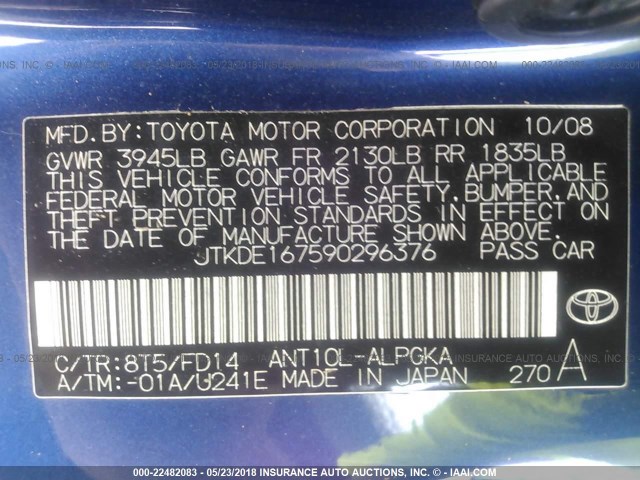 JTKDE167590296376 - 2009 TOYOTA SCION TC BLUE photo 9