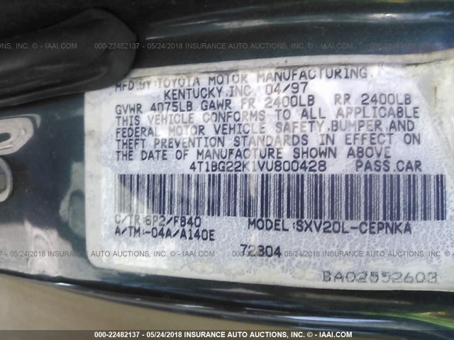 4T1BG22K1VU800428 - 1997 TOYOTA CAMRY CE/LE/XLE GREEN photo 9