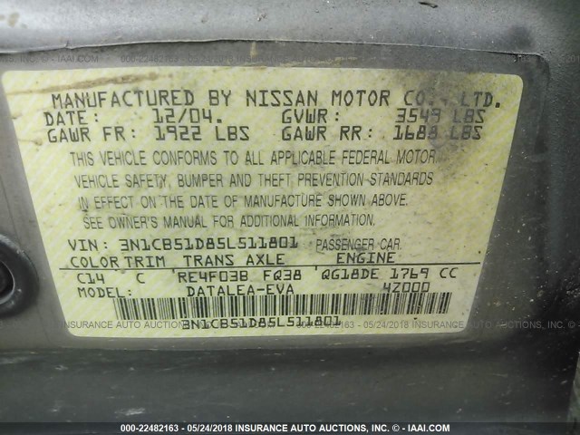 3N1CB51D85L511801 - 2005 NISSAN SENTRA 1.8/1.8S GRAY photo 9