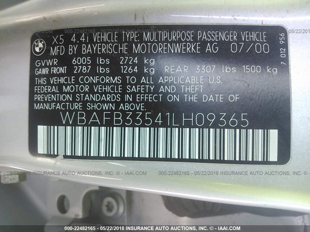 WBAFB33541LH09365 - 2001 BMW X5 4.4I SILVER photo 9