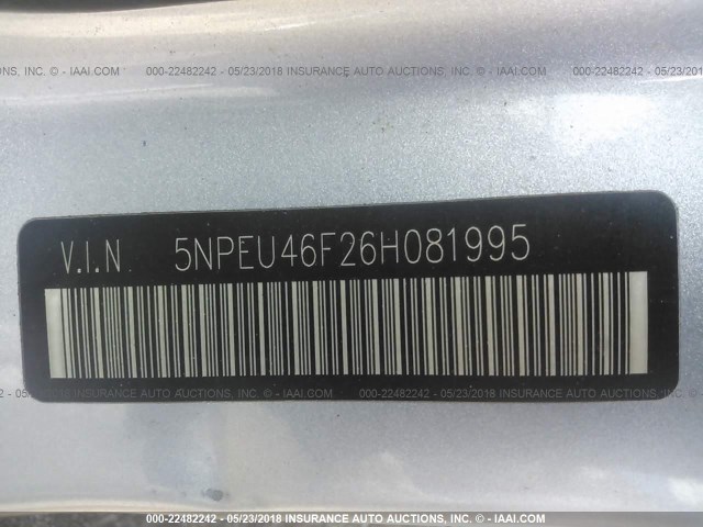 5NPEU46F26H081995 - 2006 HYUNDAI SONATA GLS/LX BLUE photo 9