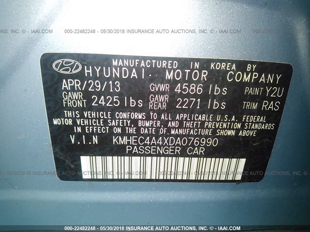 KMHEC4A4XDA076990 - 2013 HYUNDAI SONATA HYBRID Light Blue photo 9