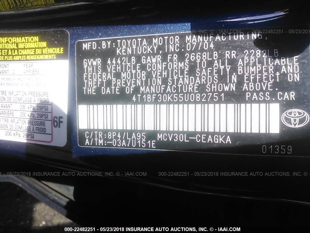 4T1BF30K55U082751 - 2005 TOYOTA CAMRY LE/XLE/SE ლურჯი ფოტო 9