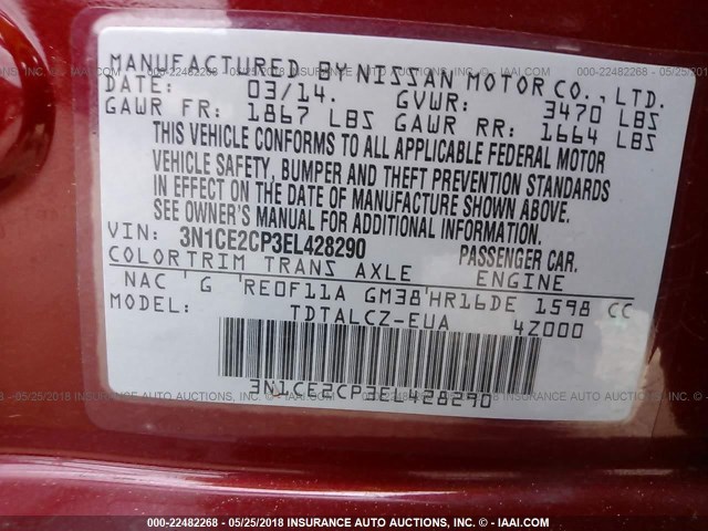 3N1CE2CP3EL428290 - 2014 NISSAN VERSA NOTE S/S PLUS/SV/SL RED photo 9