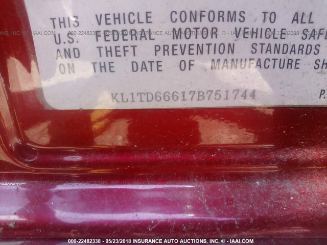 KL1TD66617B751744 - 2007 CHEVROLET AVEO LS 红色 照片 9