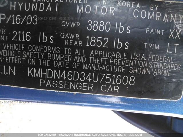 KMHDN46D34U751608 - 2004 HYUNDAI ELANTRA GLS/GT BLUE photo 9