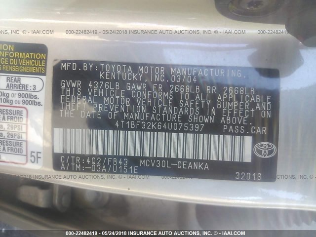 4T1BF32K64U075397 - 2004 TOYOTA CAMRY LE/XLE/SE ოქროსფერი ფოტო 9