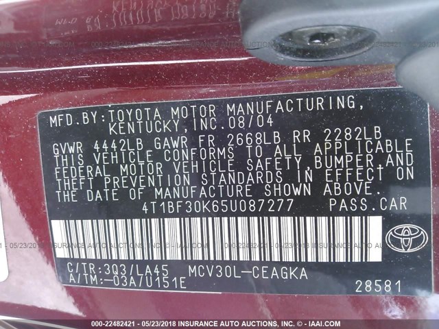 4T1BF30K65U087277 - 2005 TOYOTA CAMRY LE/XLE/SE 红色 照片 9
