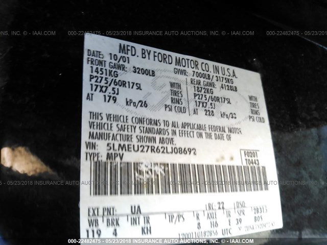 5LMEU27R62LJ08692 - 2002 LINCOLN NAVIGATOR 黑色 照片 9