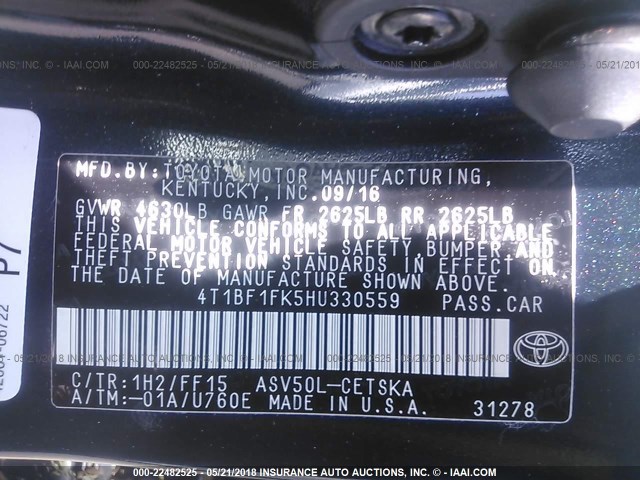 4T1BF1FK5HU330559 - 2017 TOYOTA CAMRY LE/XLE/SE/XSE BLUE photo 9