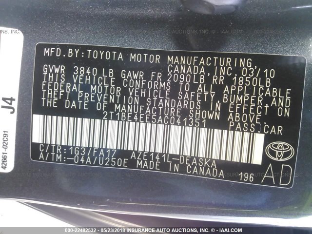 2T1BE4EE5AC041351 - 2010 TOYOTA COROLLA XRS GRAY photo 9