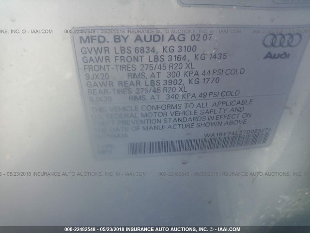 WA1BY74L27D085273 - 2007 AUDI Q7 3.6 QUATTRO PREMIUM SILVER photo 9