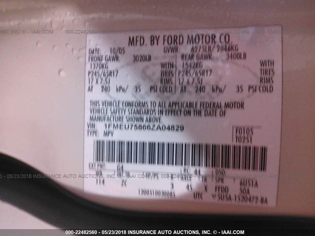 1FMEU75866ZA04829 - 2006 FORD EXPLORER LIMITED 奶油色 照片 9