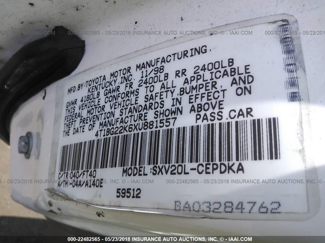 4T1BG22K6XU881557 - 1999 TOYOTA CAMRY CE/LE/XLE WHITE photo 9