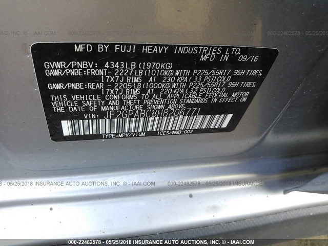 JF2GPABC8H8206771 - 2017 SUBARU CROSSTREK PREMIUM ვერცხლისფერი ფოტო 9