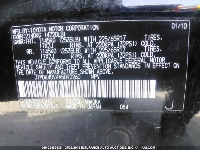 JTMDK4DV4A5092260 - 2010 TOYOTA RAV4 LIMITED BLACK photo 9