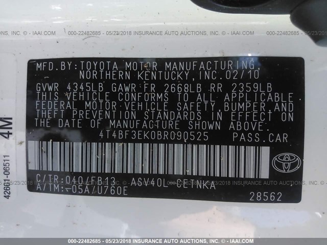 4T4BF3EK0BR090525 - 2011 TOYOTA CAMRY SE/LE/XLE 白色 照片 9