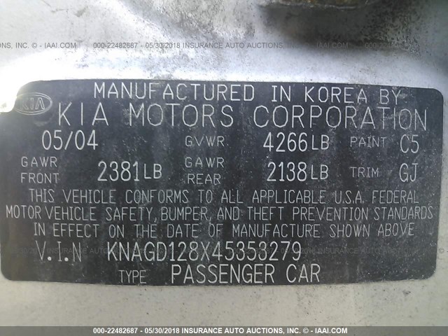 KNAGD128X45353279 - 2004 KIA OPTIMA LX/EX GRAY photo 9