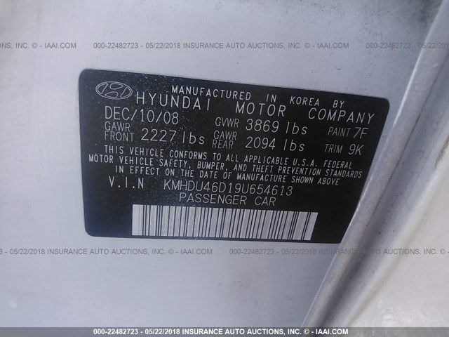 KMHDU46D19U654613 - 2009 HYUNDAI ELANTRA GLS/SE WHITE photo 9