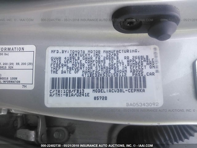 4T1BE32K53U158112 - 2003 TOYOTA CAMRY LE/XLE/SE SILVER photo 9