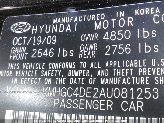 KMHGC4DE2AU081253 - 2010 HYUNDAI GENESIS 3.8L BLACK photo 9