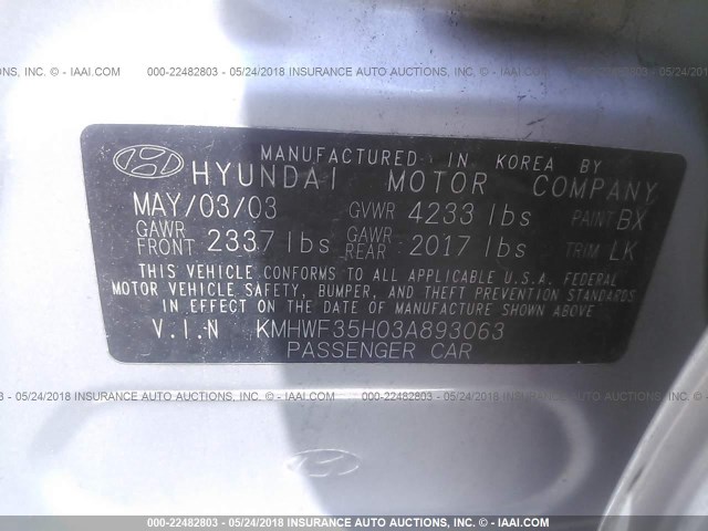 KMHWF35H03A893063 - 2003 HYUNDAI SONATA GLS/LX SILVER photo 9