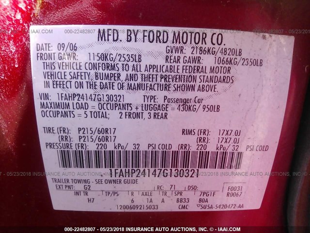 1FAHP24147G130321 - 2007 FORD FIVE HUNDRED SEL RED photo 9